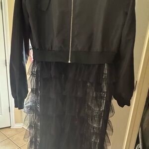 Black Ruffled Tulle Dress with Zipper